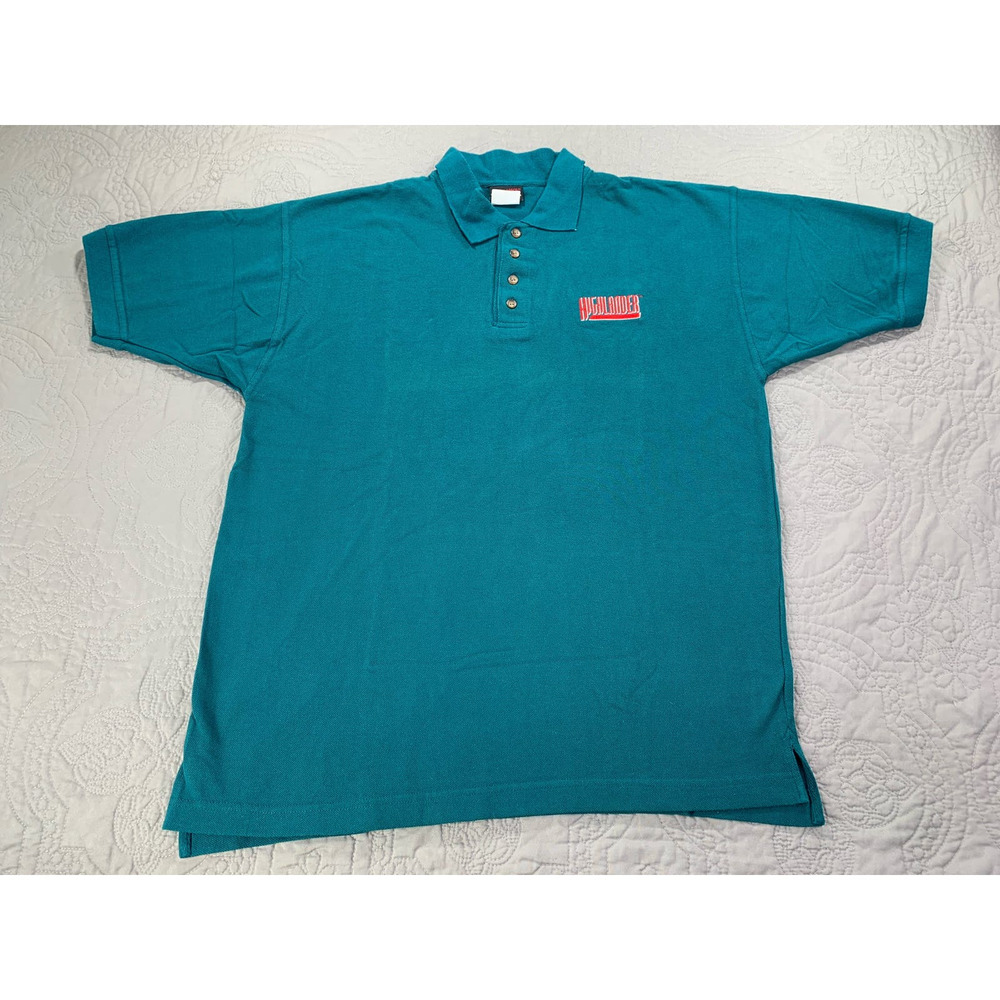 Highlander Shirt Polo Blue Green Mens Large 80s Movie Promo Short Sleeve Vintage